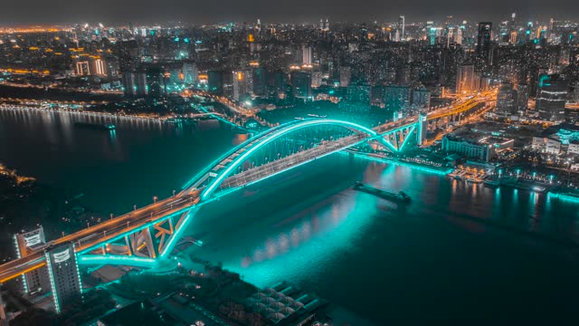 上海_卢浦大桥_航拍夜景延时_后移
