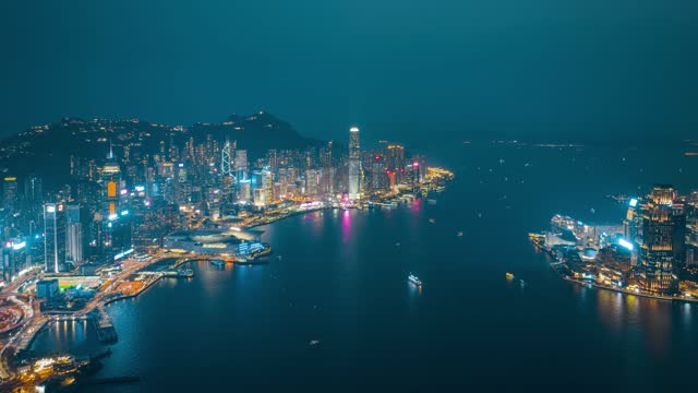 香港维多利亚港夜景航拍夜景环绕延时
